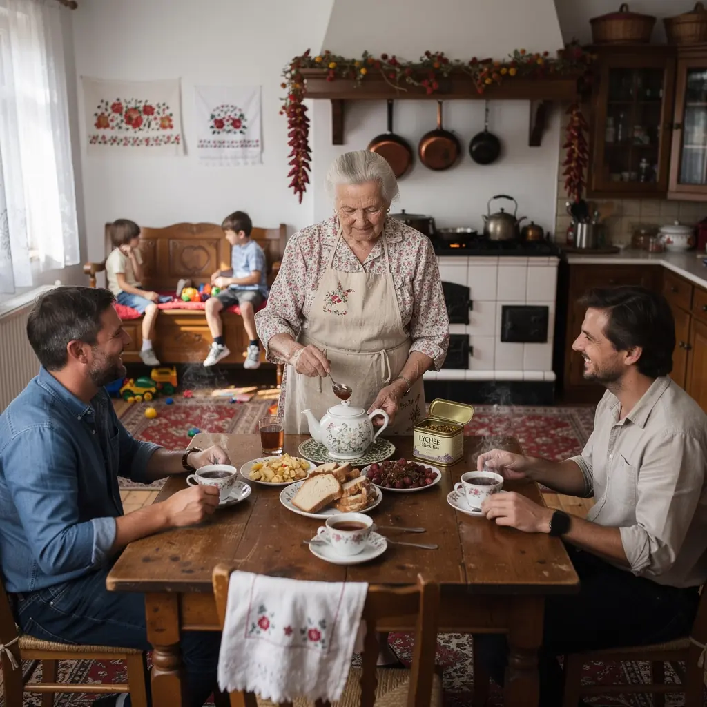Fekete tea levél, körülötte licsi gyümölcsökkel díszítve, élethű színekben.