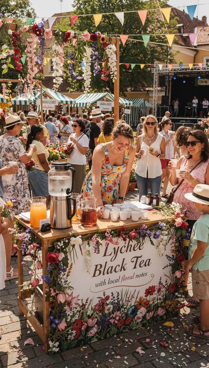 Licsi gyümölcs és fekete tea elegye egy csésze forró italban.