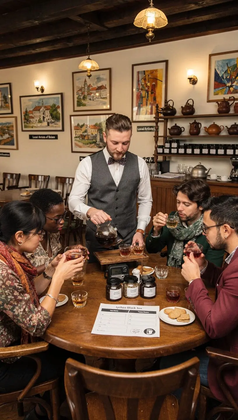 Fekete tea gőzölgő csészében, licsi virágokkal a háttérben.