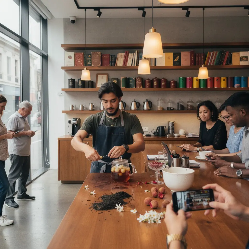 Színes licsi gyümölcsök és fekete tealevelek, természetes környezetben.