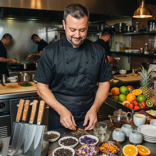 Friss gyümölcsök és virágok a fekete tea körül